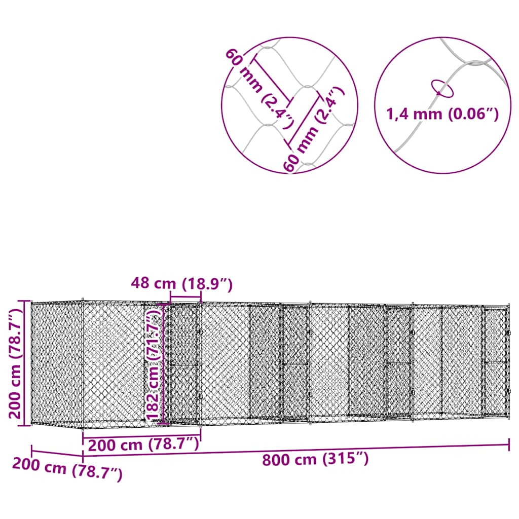 Hundbur 4 pcs Silver 800 x 200 x 200 cm Stål och PE