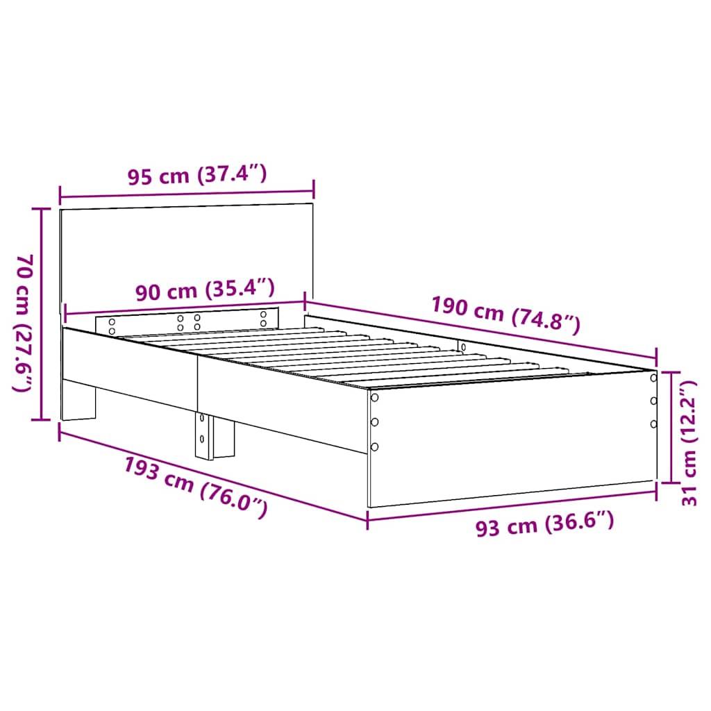 Sängram med huvudgavel Gammalt trä 90 x 190 cm Konstruerat trä