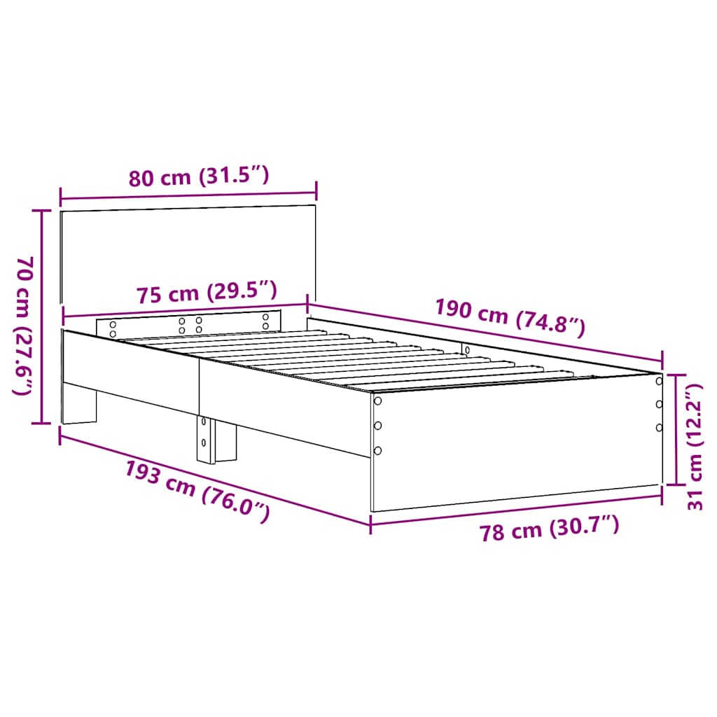 Sängram med huvudgavel Gammalt trä 75 x 190 cm Konstruerat trä