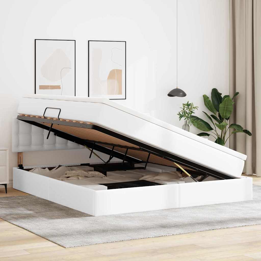 Förvaringssäng med LED Ren Vit 160 x 200 cm Konstläder