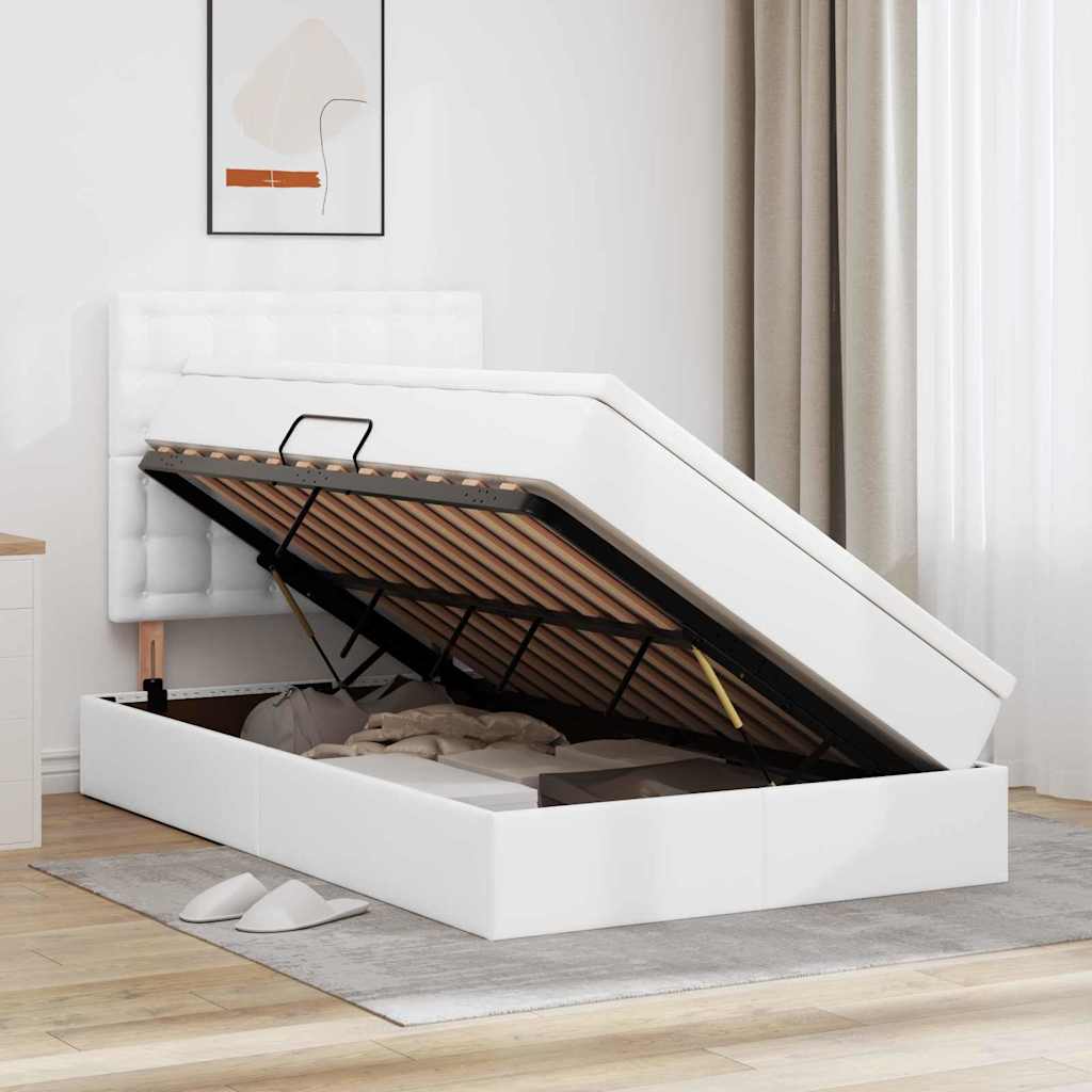 Förvaringssäng med LED Ren Vit 120 x 200 cm Konstläder