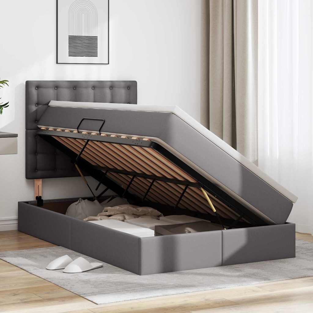 Förvaringssäng med LED med madrass Grå 120 x 200 cm Konstläder
