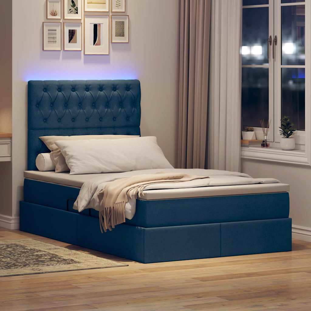 Förvaringssäng med LED med madrass Blå 120 x 200 cm Polyester