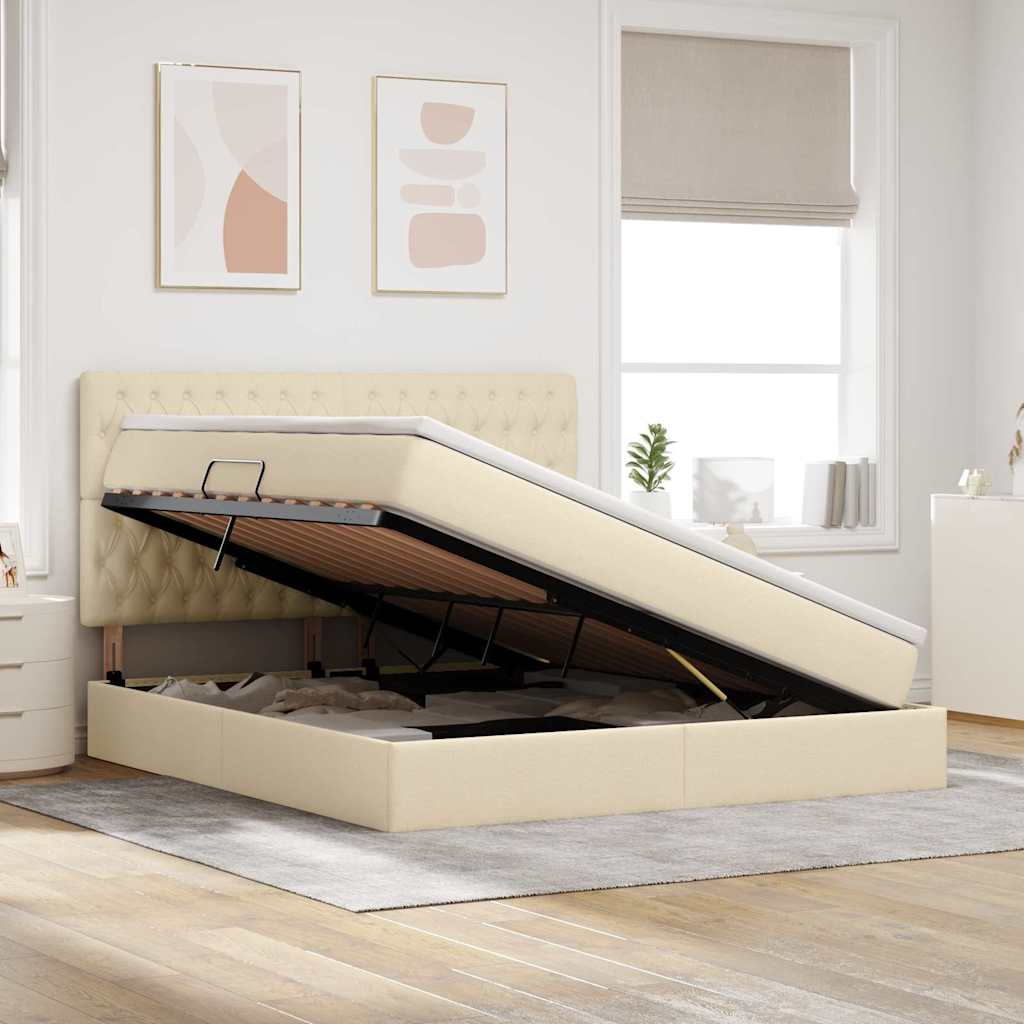 Förvaringssäng med LED med madrass Kräm 180 x 200 cm Polyester