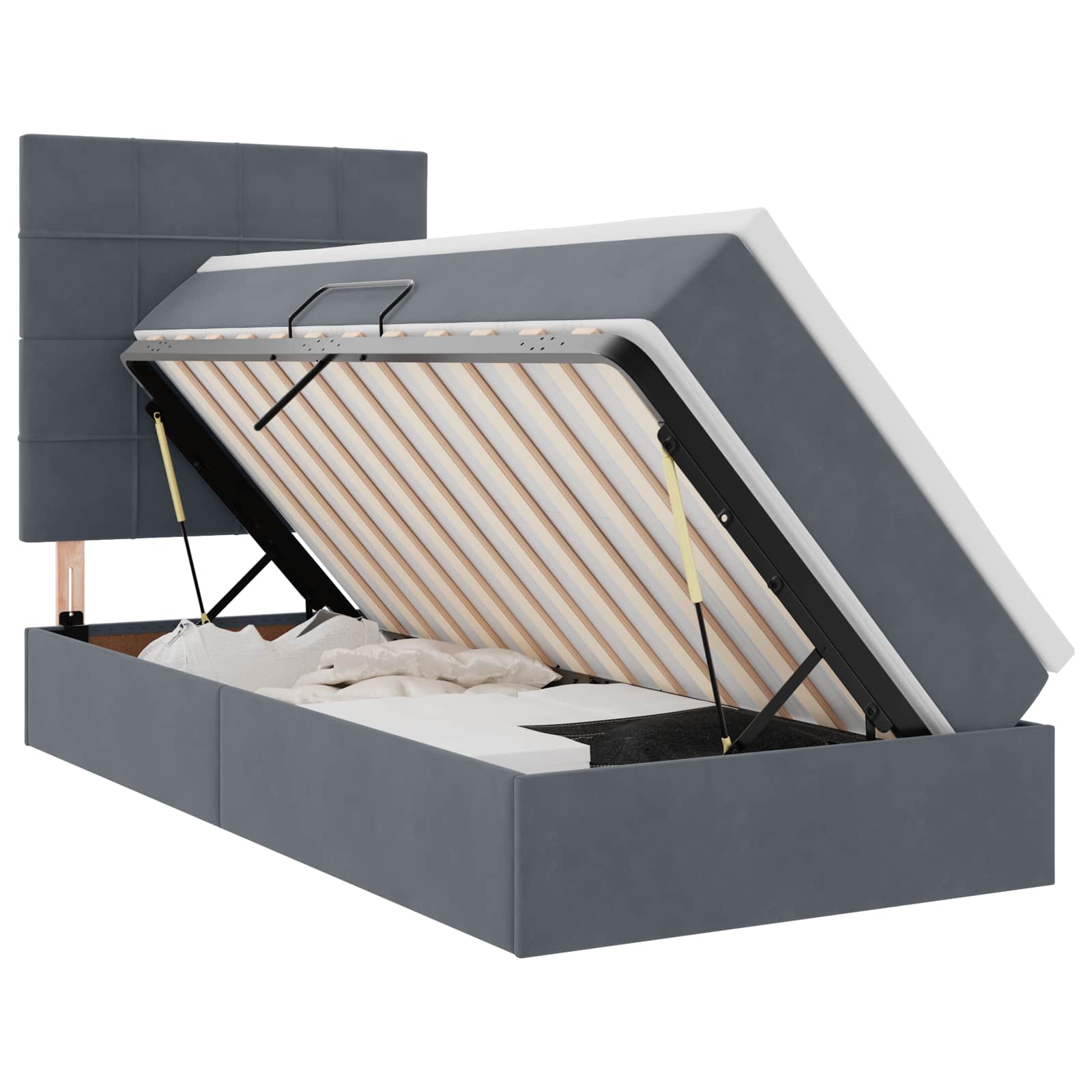 Förvaringssäng med LED med madrass Mörkgrå 90 x 190 cm Sammet