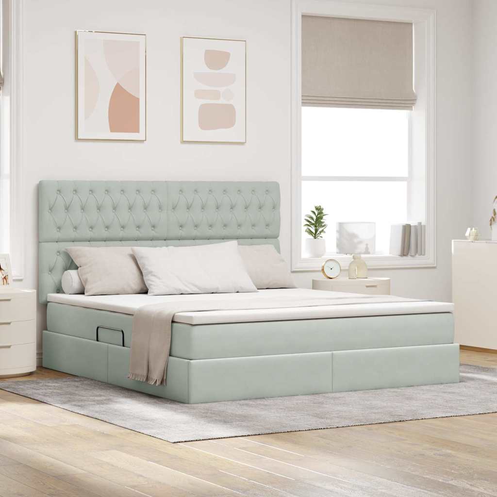 Förvaringssäng med LED med madrass Ljusgrå 180 x 200 cm Sammet