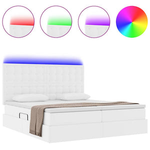 Säng med LED -remsljus med huvudgavel Ren Vit 200 x 200 cm PVC
