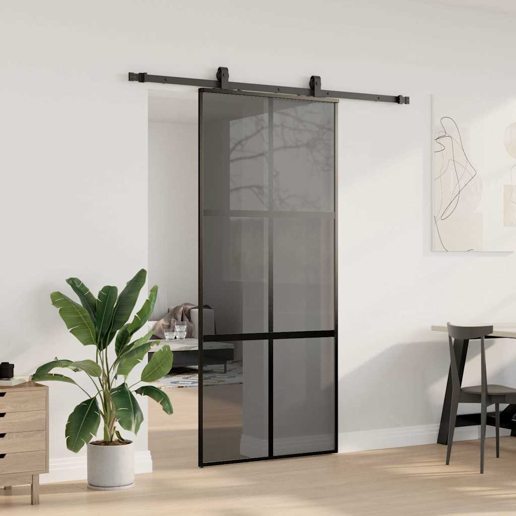 Skjutdörr med beslagssats svart 90x205 cm härdat glas