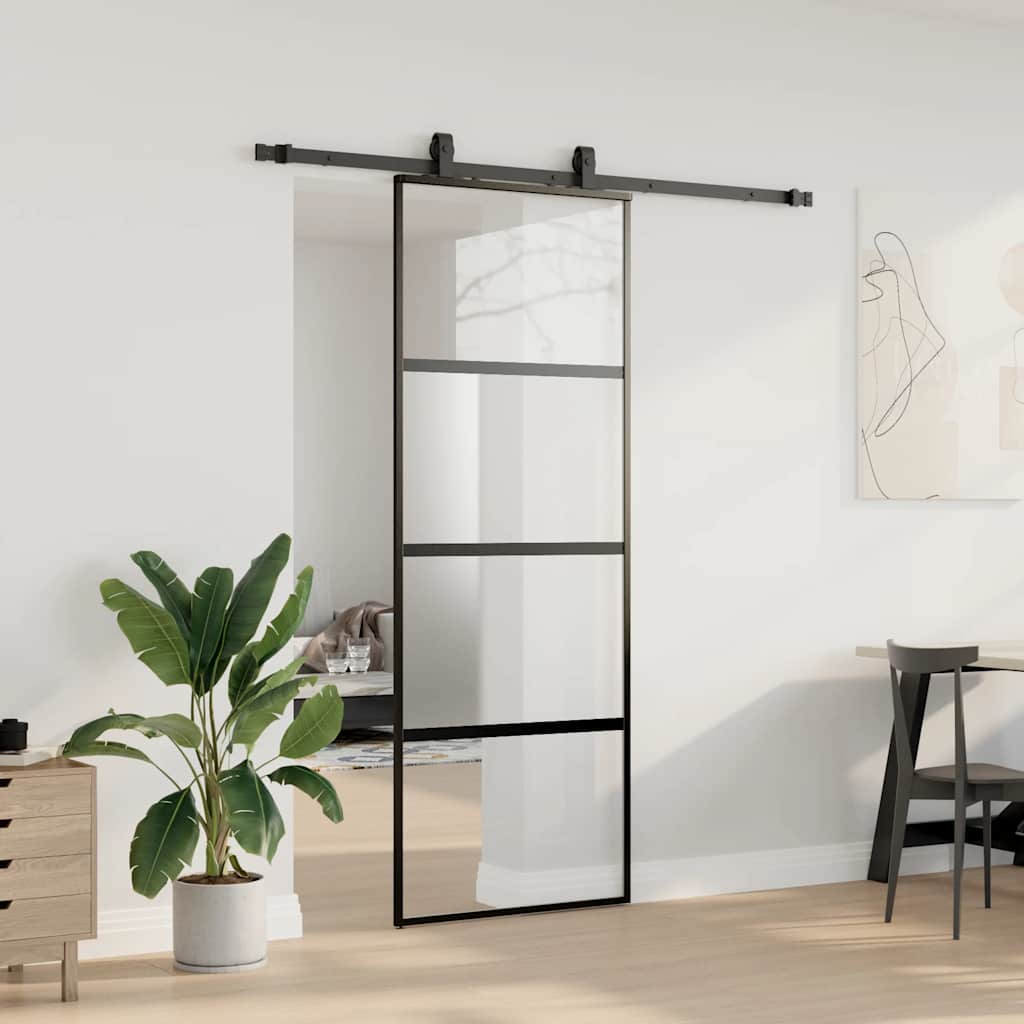 Skjutdörr med beslag svart 76x205 cm härdat glas