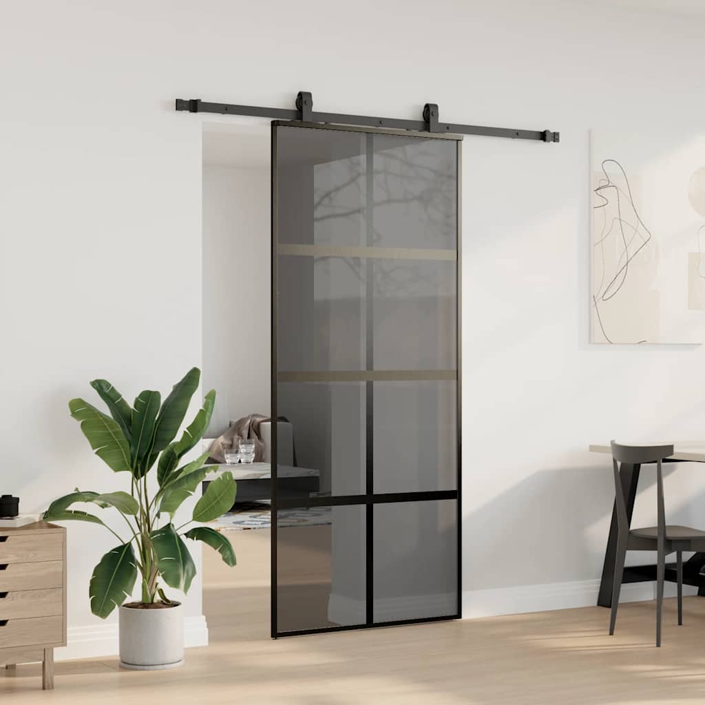 Skjutdörr med beslagssats svart 90x205 cm härdat glas