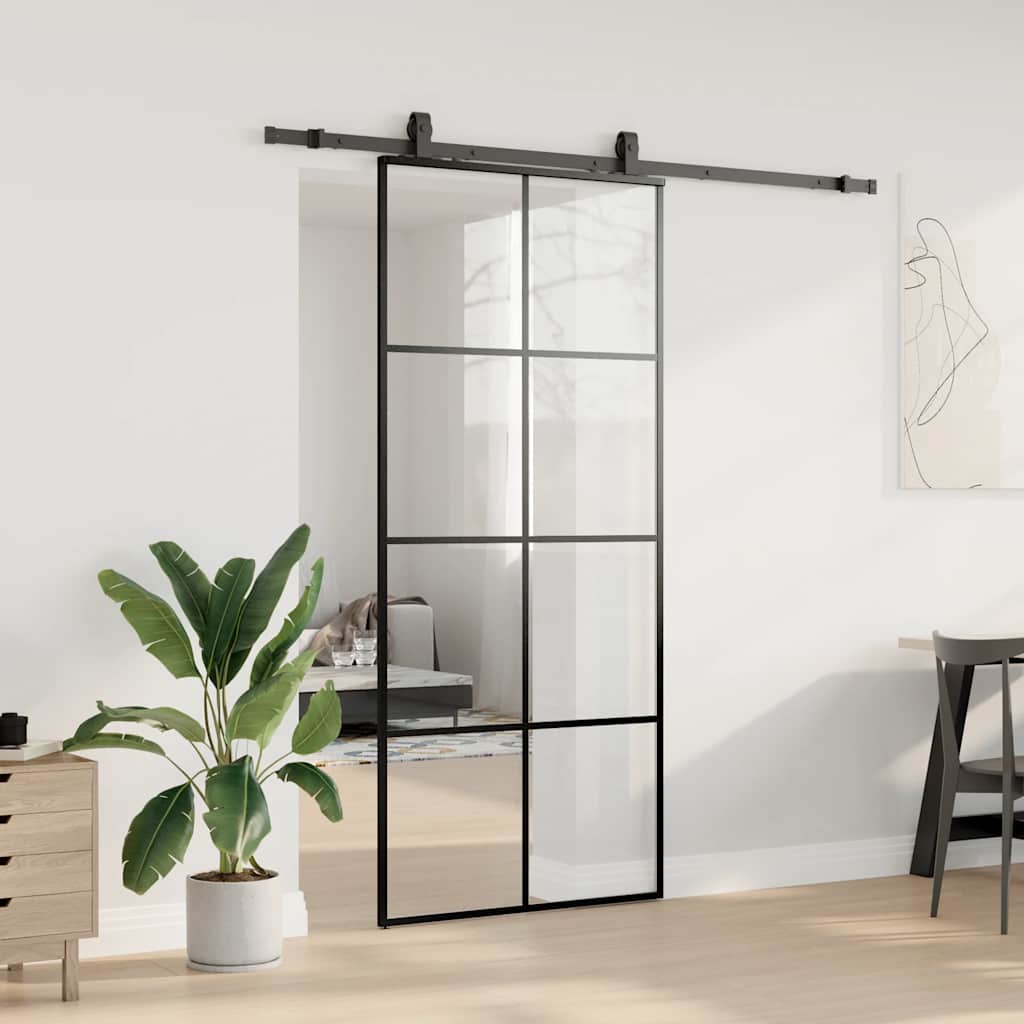 Skjutdörr med beslag svart 90x205 cm ESG-glas