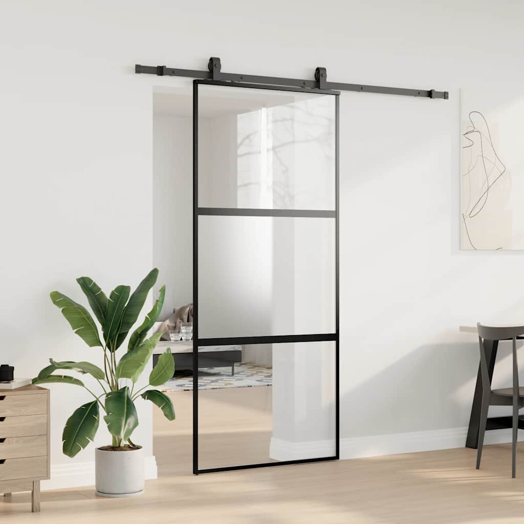 Skjutdörr med beslagssats svart 90x205 cm härdat glas