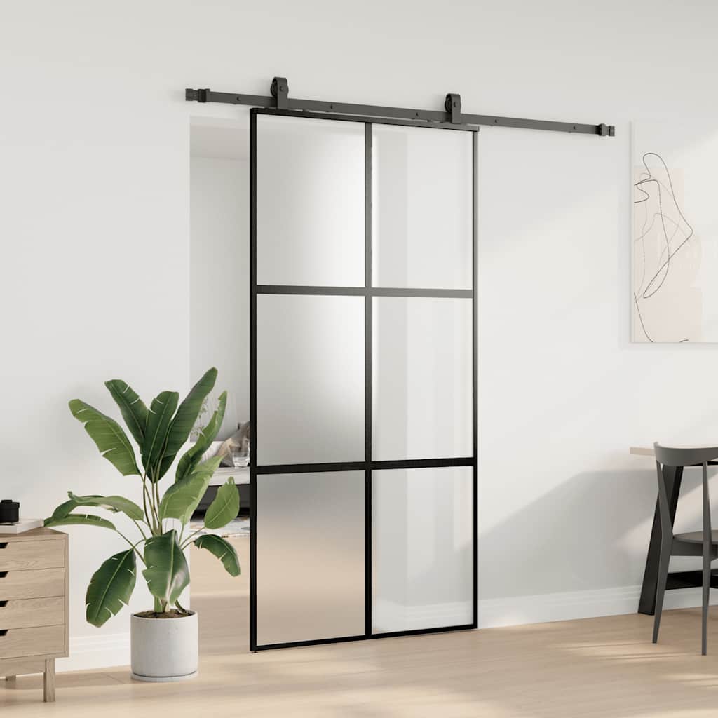 Skjutdörr med beslag svart 102,5x205 cm härdat glas