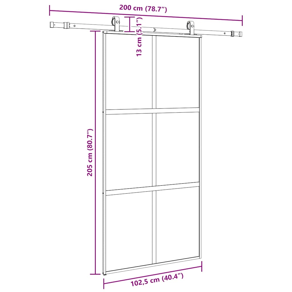 Skjutdörr med beslag svart 102,5x205 cm härdat glas