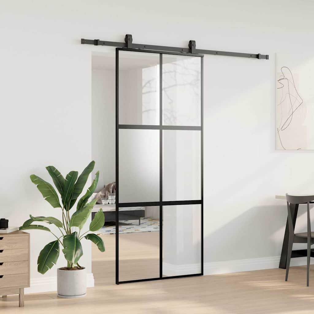 Skjutdörr med beslagssats svart 90x205 cm härdat glas