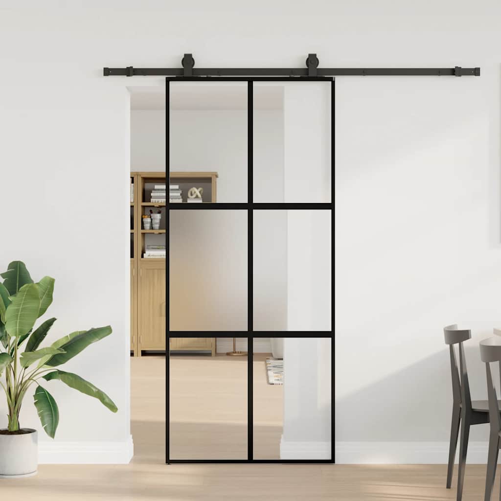 Skjutdörr med beslagssats svart 90x205 cm härdat glas