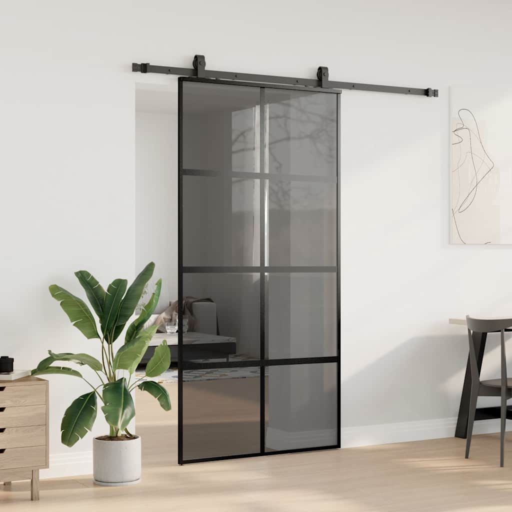 Skjutdörr med beslag svart 102,5x205 cm härdat glas