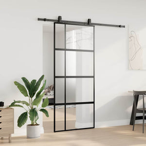 Skjutdörr med beslagssats svart 90x205 cm härdat glas