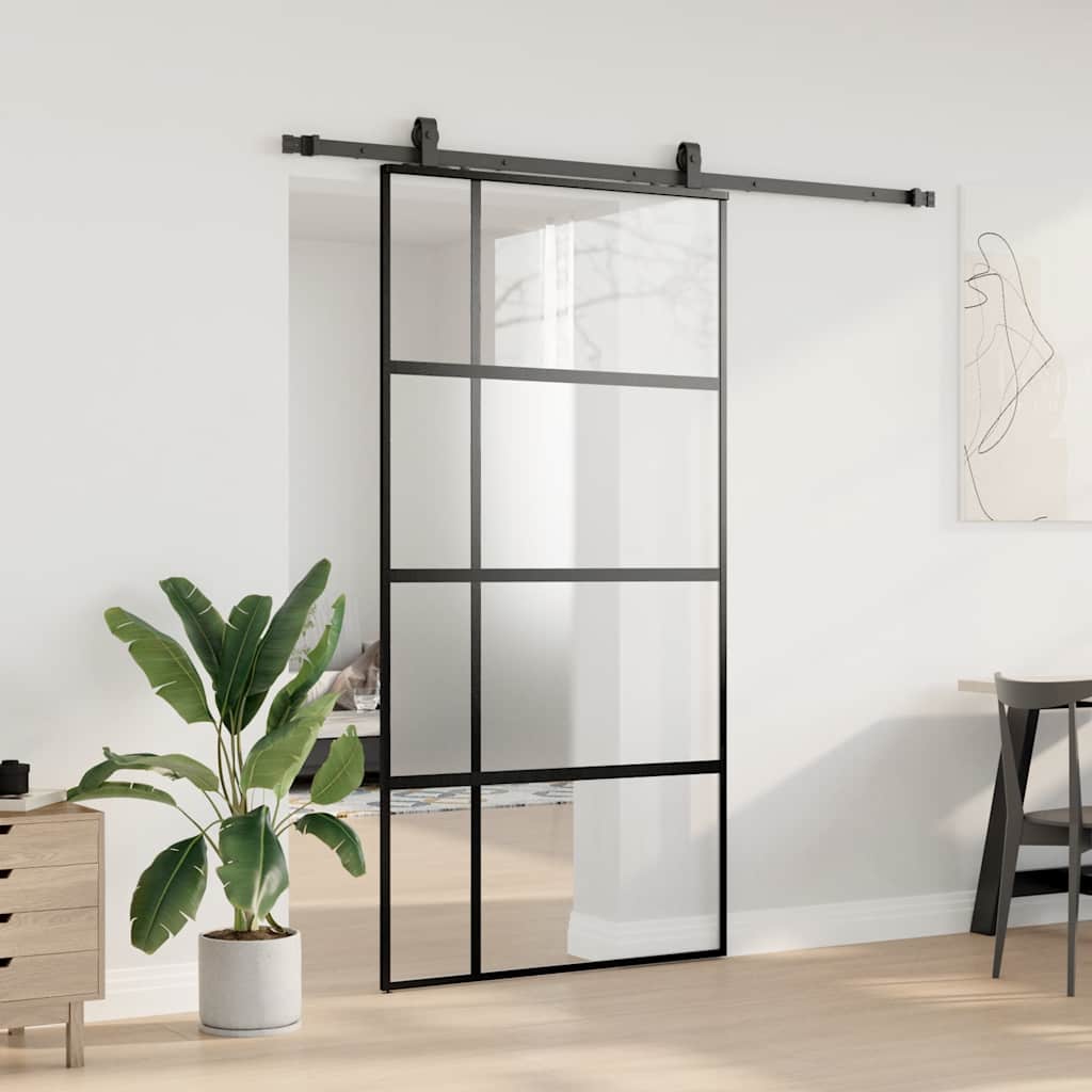 Skjutdörr med beslag svart 102,5x205 cm härdat glas