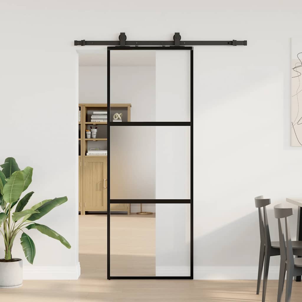 Skjutdörr med beslag svart 76x205 cm härdat glas