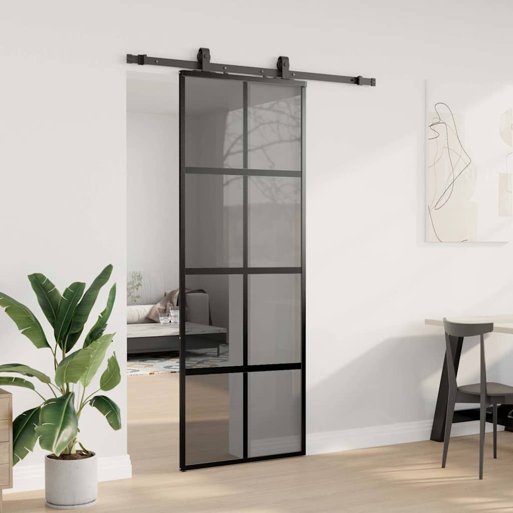 Skjutdörr med beslag svart 76x205 cm härdat glas