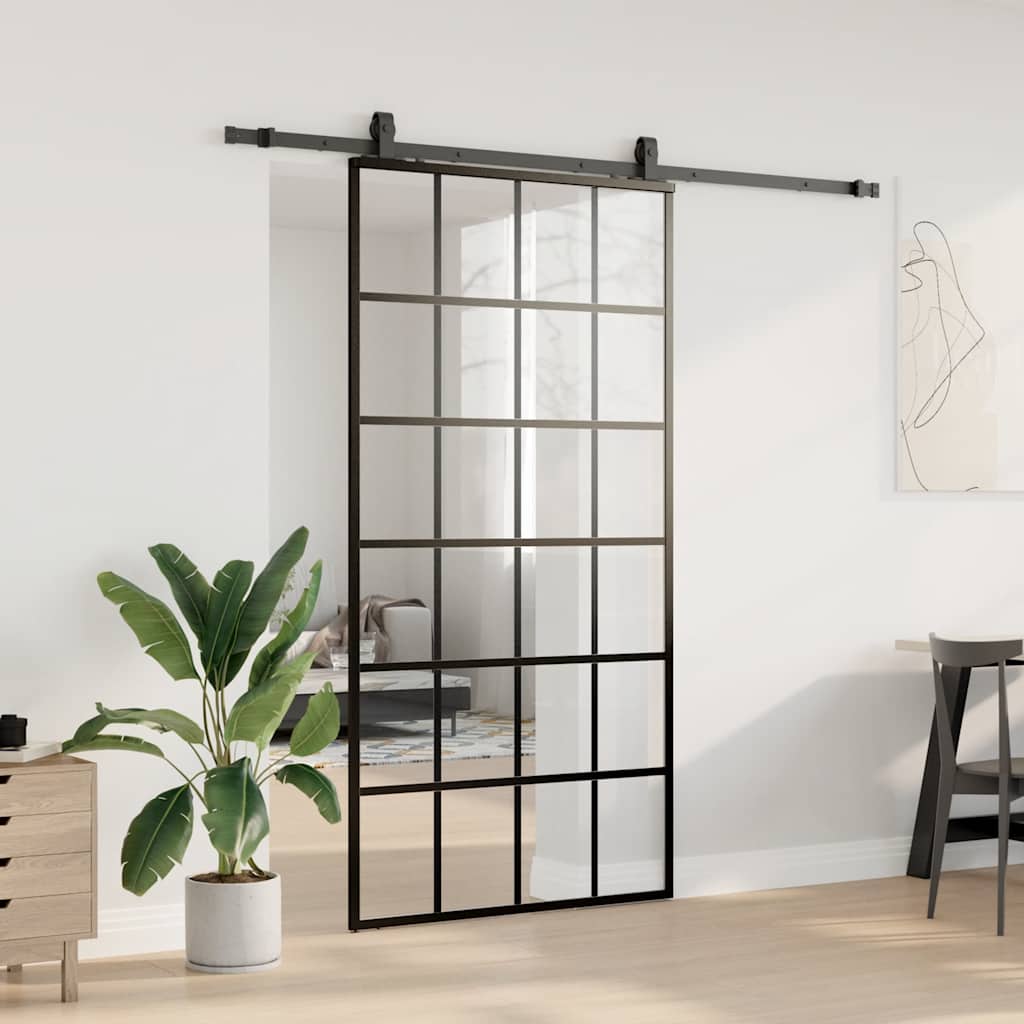 Skjutdörr med beslag svart 102x205 cm ESG-glas