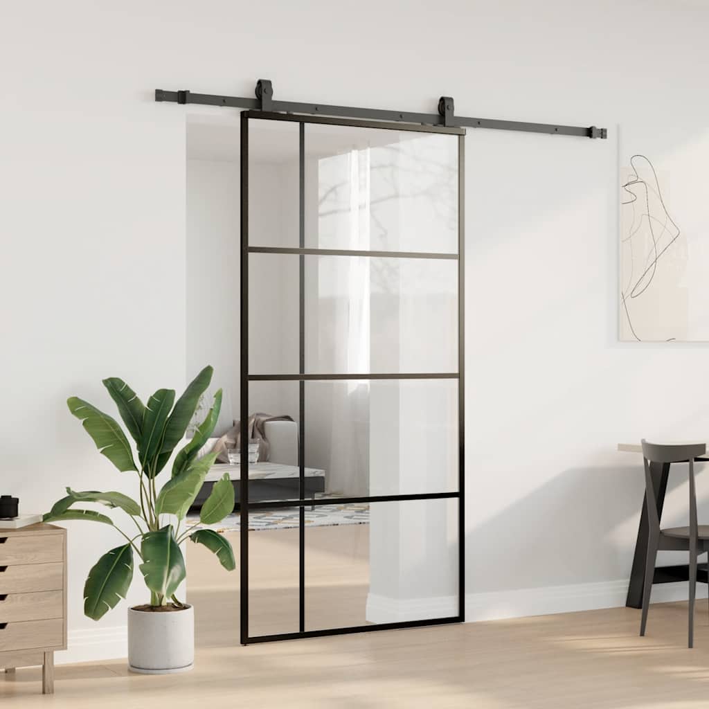 Skjutdörr med beslag svart 102,5x205 cm ESG-glas