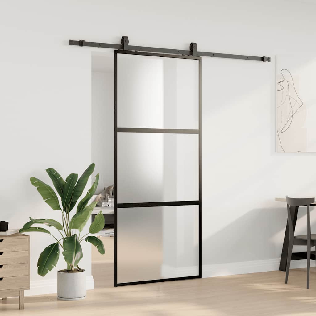 Skjutdörr med beslagssats svart 90x205 cm härdat glas