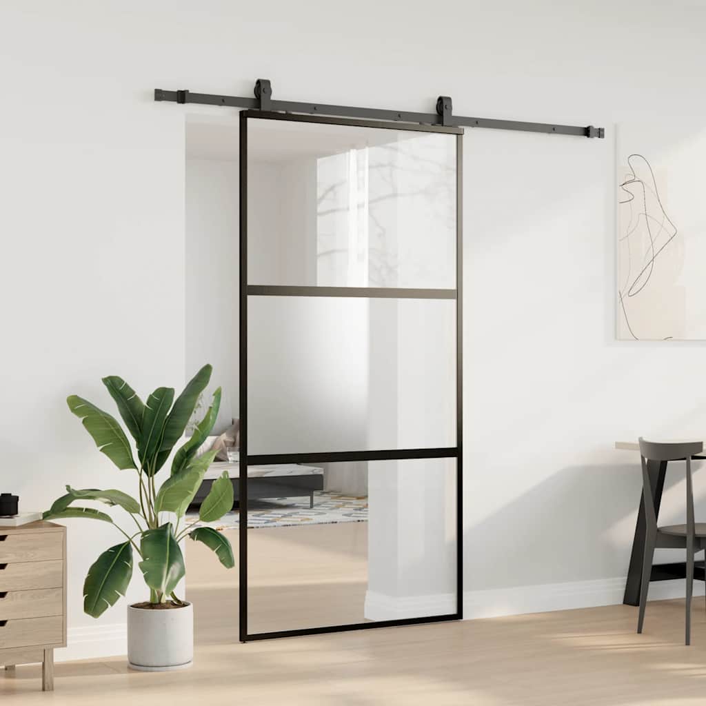 Skjutdörr med beslag svart 102,5x205 cm härdat glas