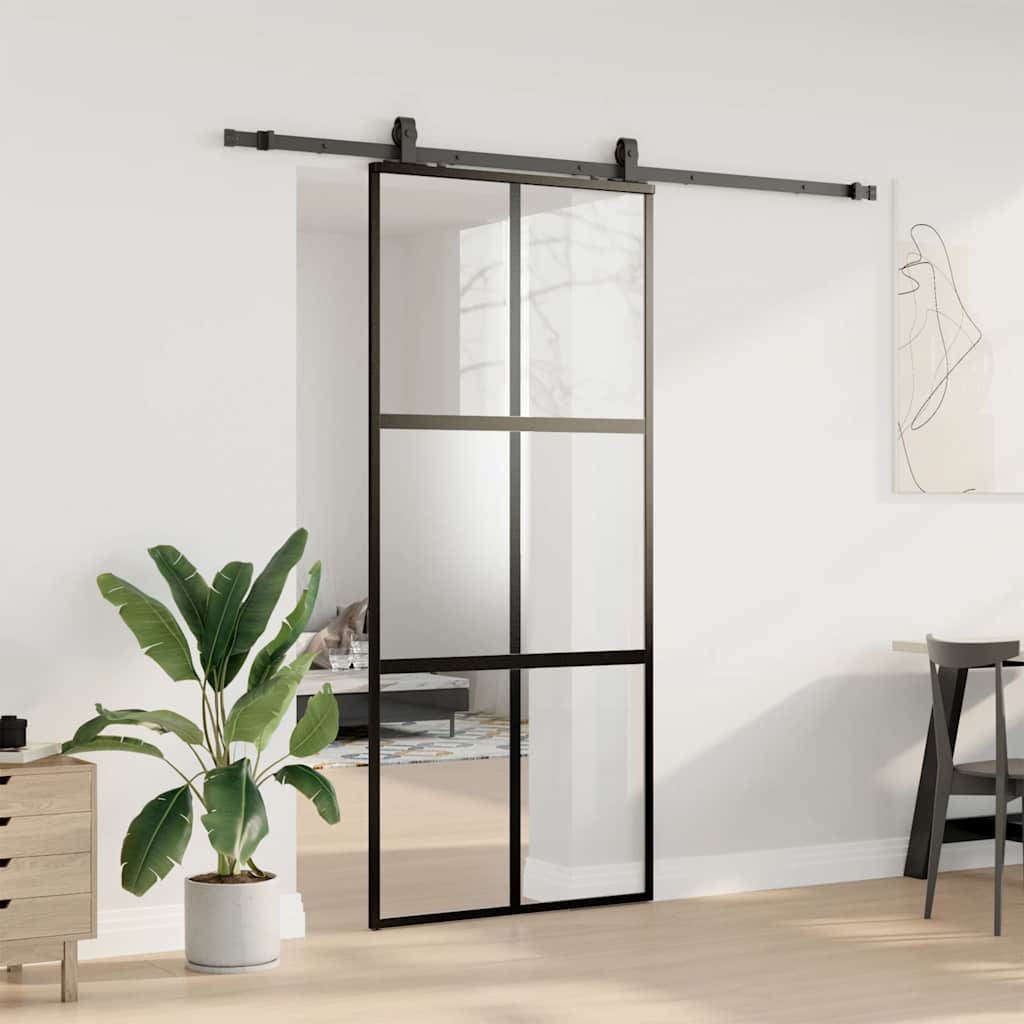 Skjutdörr med beslagssats svart 90x205 cm härdat glas