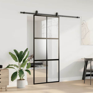 Skjutdörr med beslagssats svart 90x205 cm härdat glas