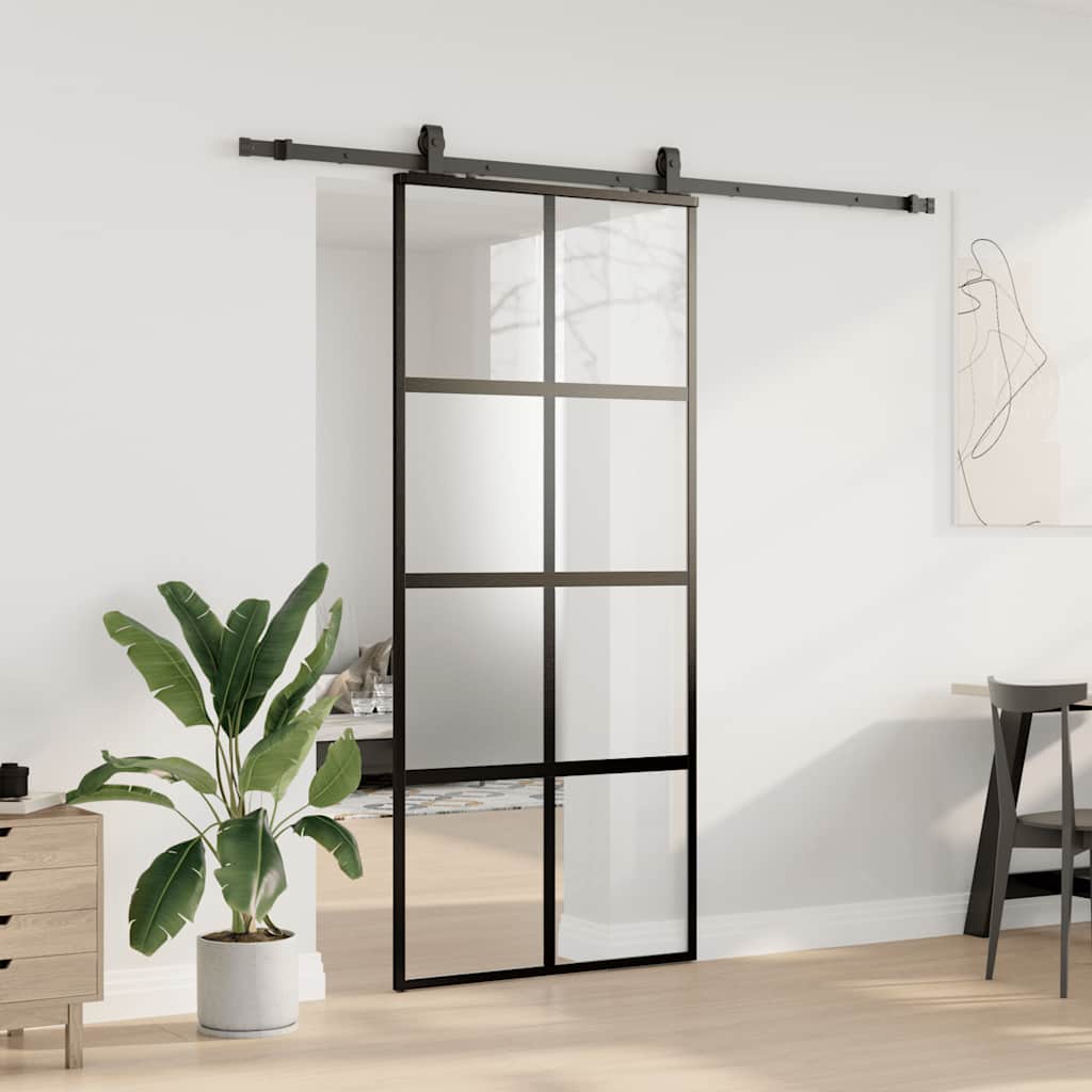 Skjutdörr med beslagssats svart 90x205 cm härdat glas