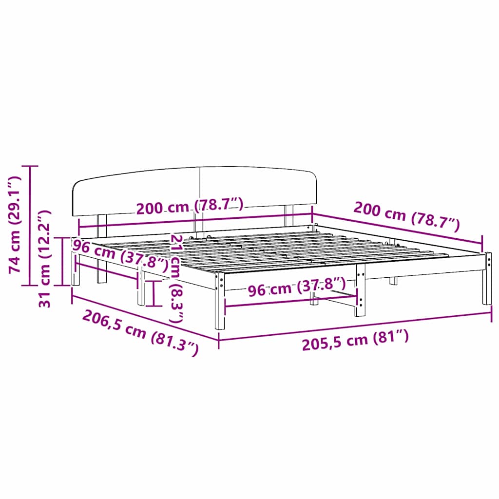 Sängram med huvudgavel Vit 200 x 200 cm Massiv furu
