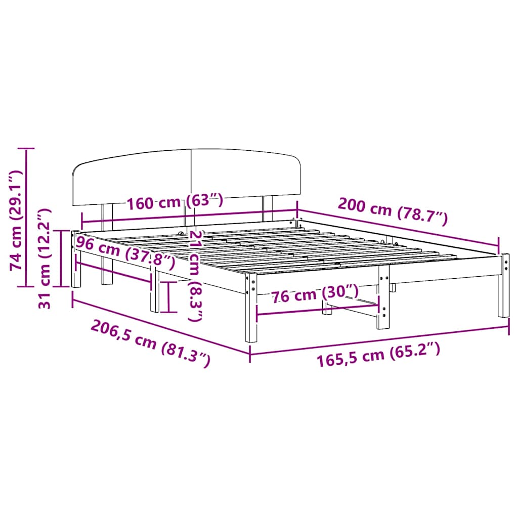 Sängram med huvudgavel Vit 160 x 200 cm Massiv furu