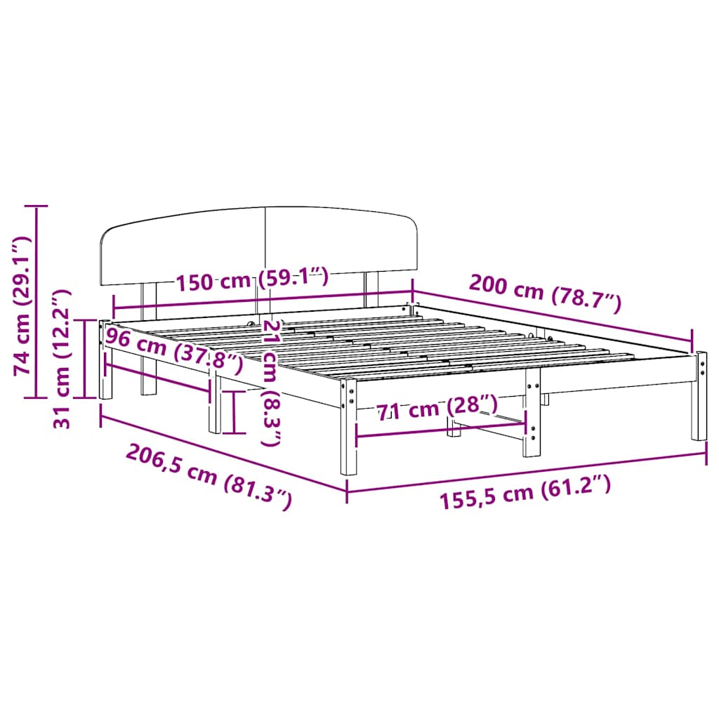 Sängram med huvudgavel Vaxbrun 150 x 200 cm Massiv furu