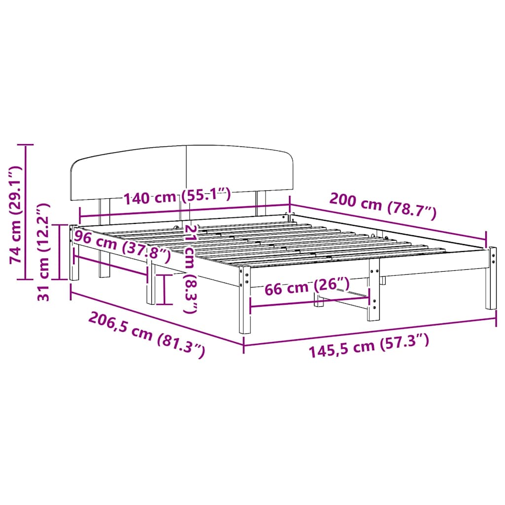 Sängram med huvudgavel Vit 140 x 200 cm Massiv furu