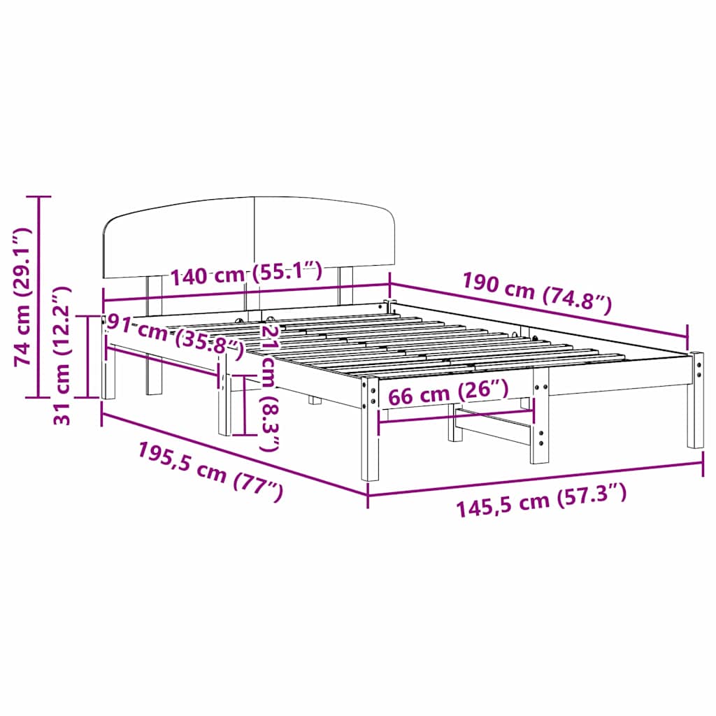 Sängram med huvudgavel Naturfärg 140 x 190 cm Massiv furu