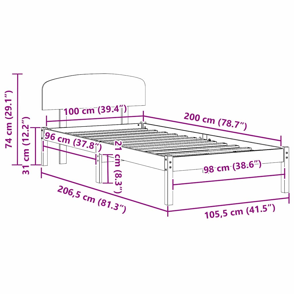 Sängram med huvudgavel Naturfärg 100 x 200 cm Massiv furu