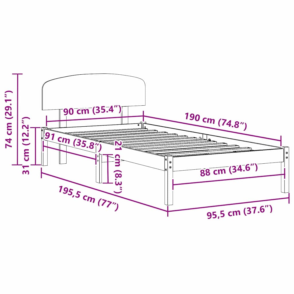 Sängram med huvudgavel Vit 90 x 190 cm Massiv furu