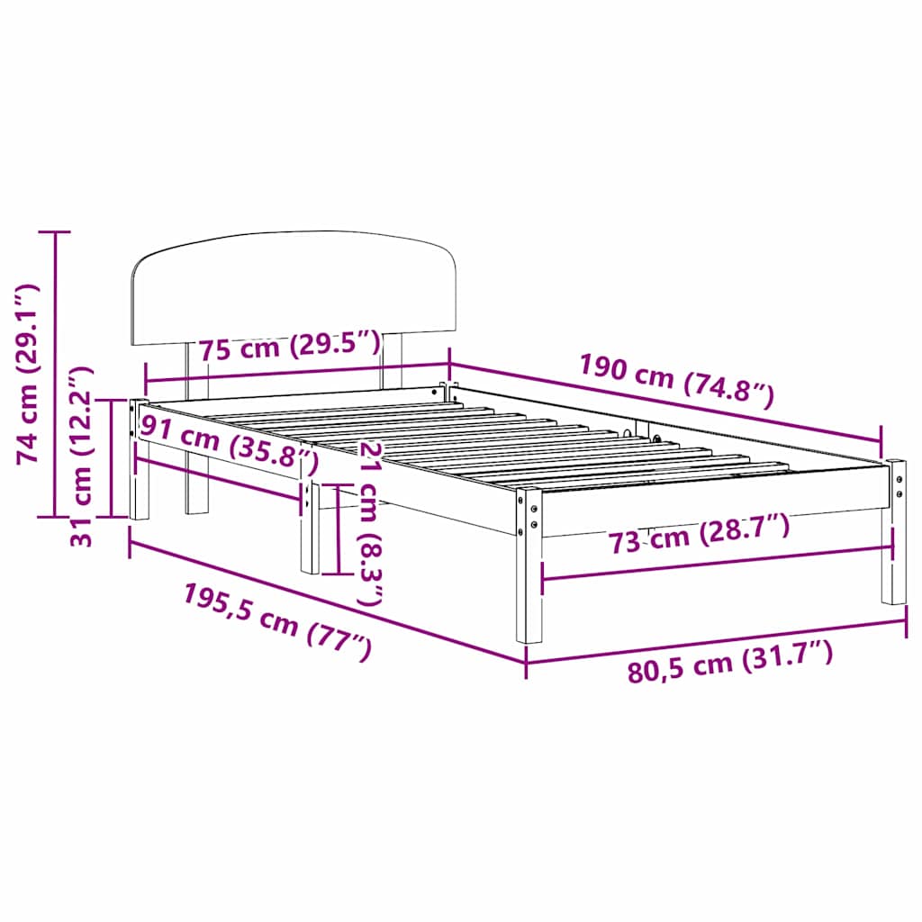 Sängram med huvudgavel Vit 75 x 190 cm Massiv furu