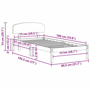 Sängram med huvudgavel Vit 75 x 190 cm Massiv furu