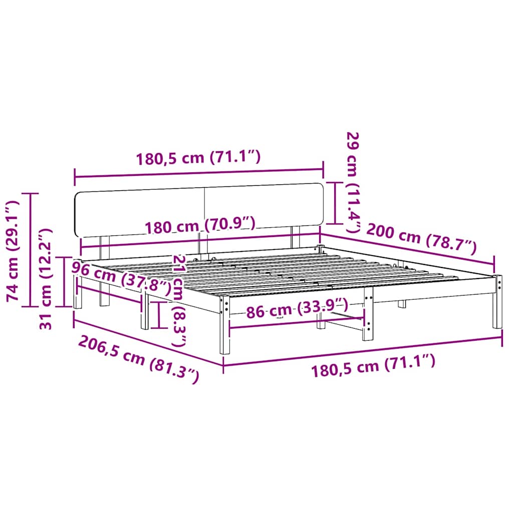 Sängram med huvudgavel Naturfärg 180 x 200 cm Massiv furu