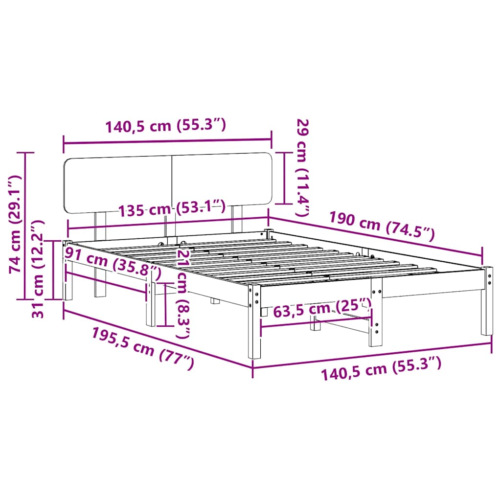 Sängram med huvudgavel Naturfärg 135 x 190 cm Massiv furu