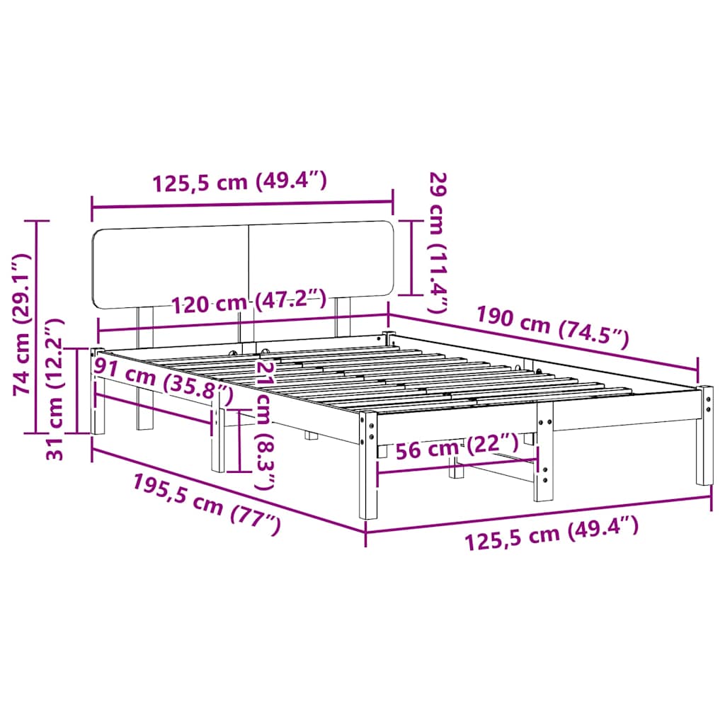 Sängram med huvudgavel Vit 120 x 190 cm Massiv furu