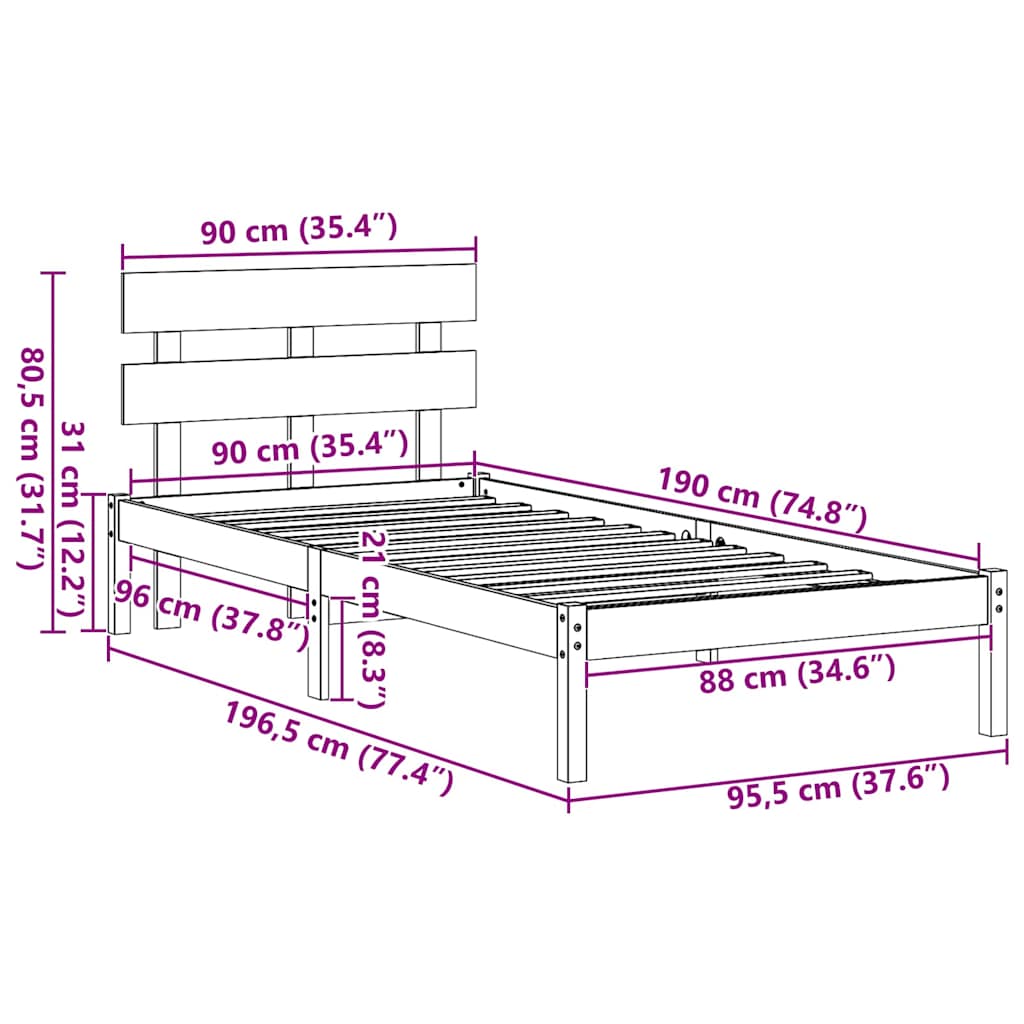 Sängram med huvudgavel Vit 90 x 190 cm Massivt tallträ