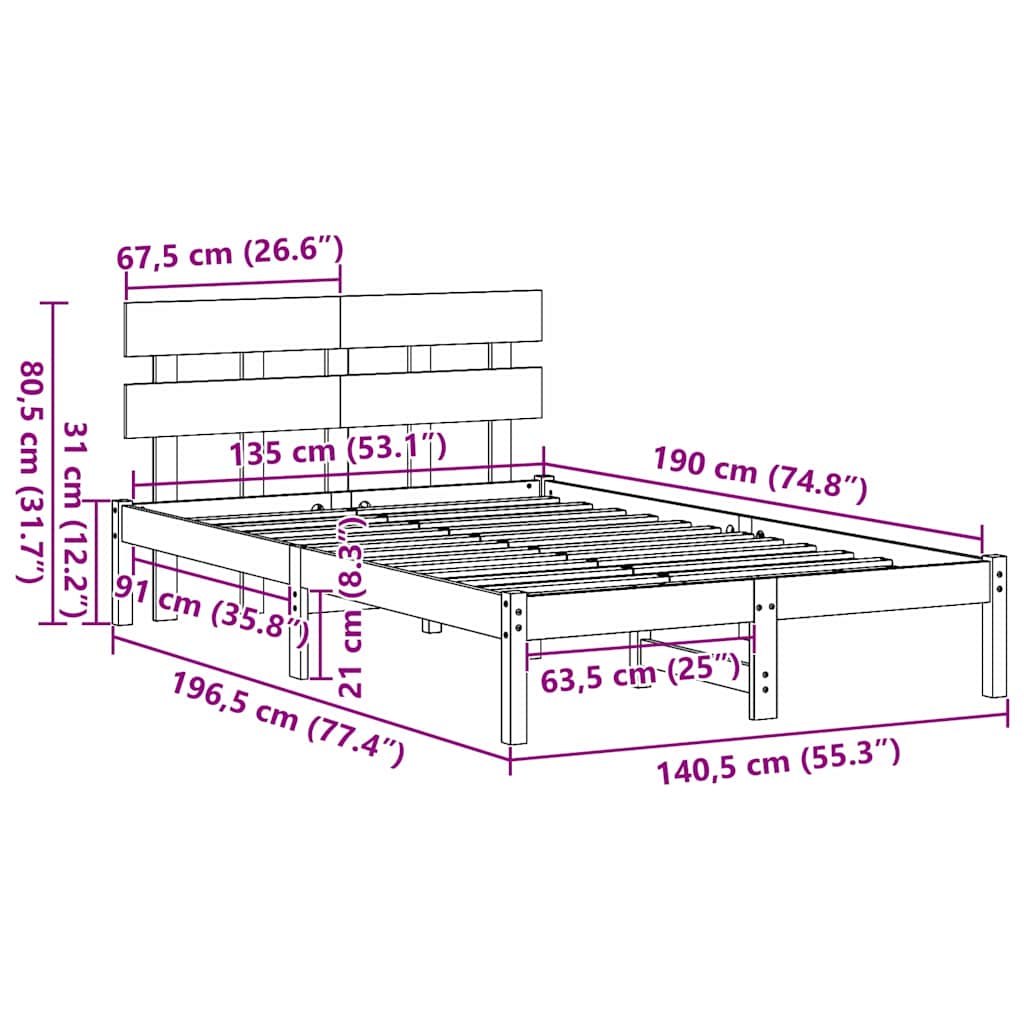 Sängram med huvudgavel Vit 135 x 190 cm Massivt tallträ