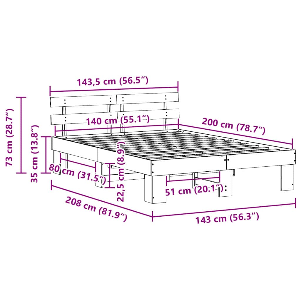 Sängram med huvudgavel Naturfärg 140 x 200 cm Massiv furu