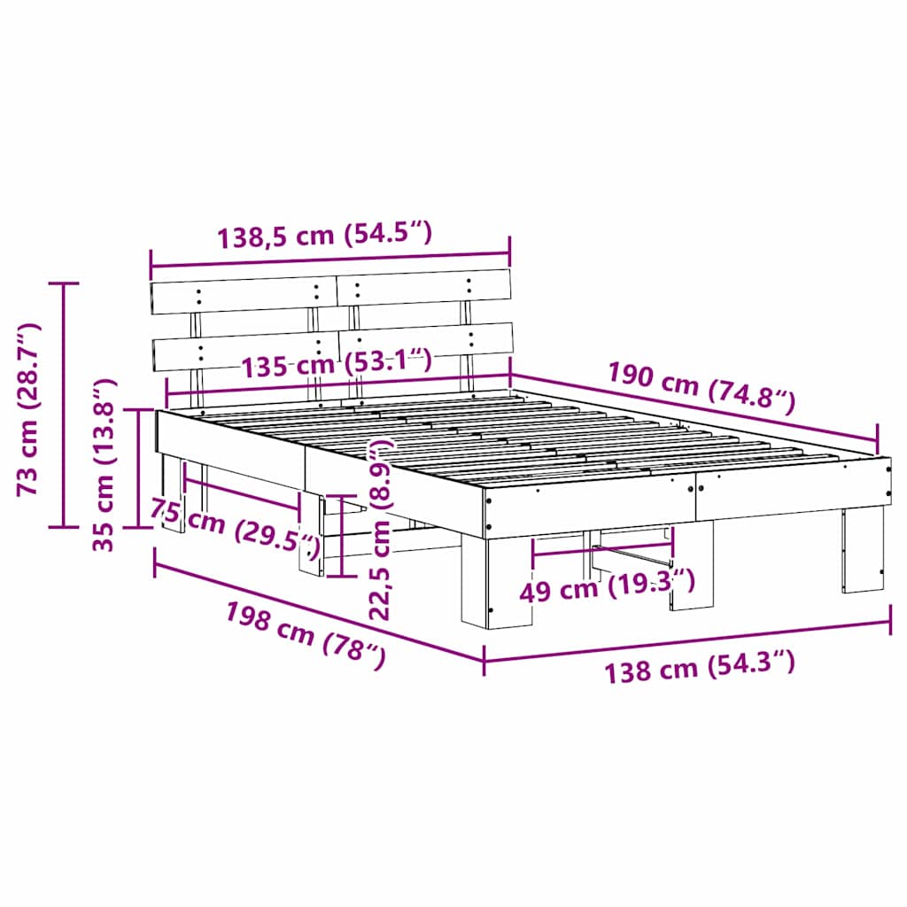 Sängram med huvudgavel Vit 135 x 190 cm Massiv furu