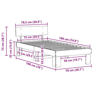 Sängram med huvudgavel Naturfärg 75 x 190 cm Massiv furu