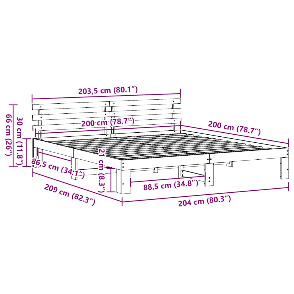 Sängram med huvudgavel Vit 200 x 200 cm Massiv furu